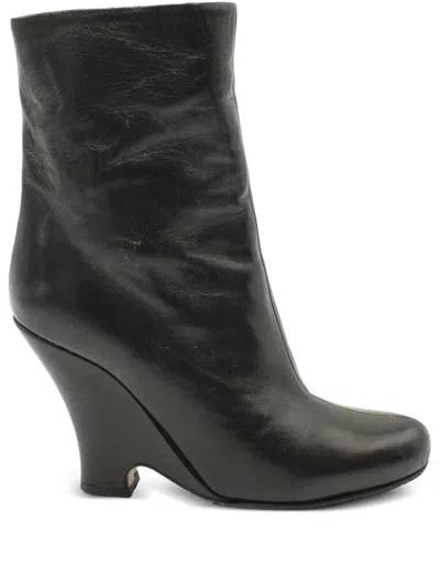 Pre-owned Miu Miu Leather Wedge Ankle Boots In Black
