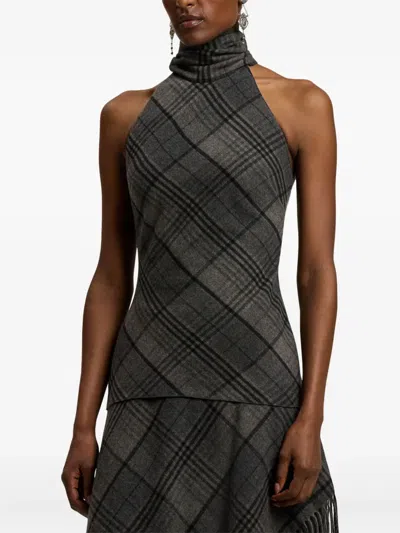 Ralph Lauren Chilton Fringed Scarf-detailed Checked Wool Turtleneck Tank In Multi
