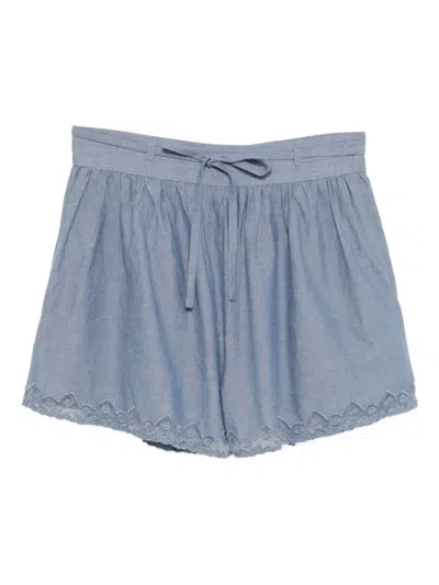 Ulla Johnson Elowen Belted Tulle-trimmed Embroidered Cotton-chambray Shorts In Blue