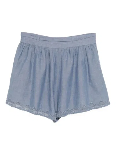 Ulla Johnson Elowen Belted Tulle-trimmed Embroidered Cotton-chambray Shorts In Blue