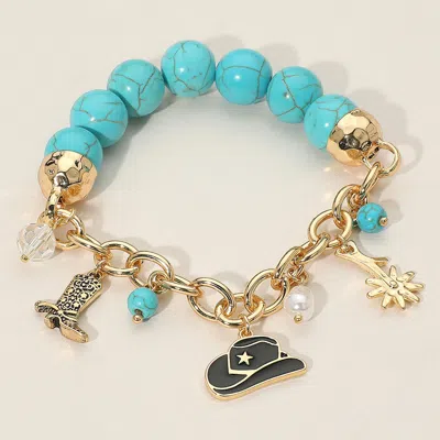 Fashnzfab Secret Box_western Cowboy Hat Boot Flower Pearl Charm Beaded Stretch Bracelet Gold In Gold