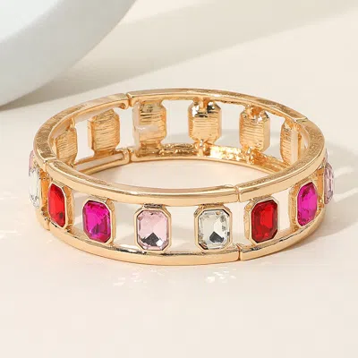 Fashnzfab Emerald Cut Stone Embellished Open Frame Stretch Bracelet Gold, Pink In Multi