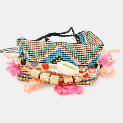 Fashnzfab 5pcs - Puka Shell Pointed Aztec Pattern Cinch Pull Tie Tassel Pointed Stretch Multi Layered Bracelet In Multi