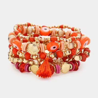 Fashnzfab 7pcs - Metal Shell Fish Tassel Charm Evil Eye Wood Metal Beaded Multi Layered Bracelets In Pink