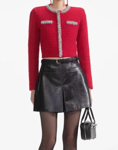 Self-portrait Short Cardigan With Crystals In Red