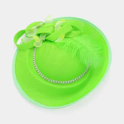 Fashnzfab Rhinestone Paved Band Pointed Feather Bow Fascinator / Headband In Green