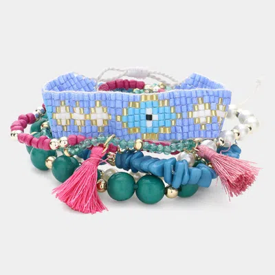 Fashnzfab 6pcs - Tassel Pointed Faceted Beaded Pearl Stretch Evil Eye Pointed Beaded Cinch Pull Tie Multi Laye In Multi