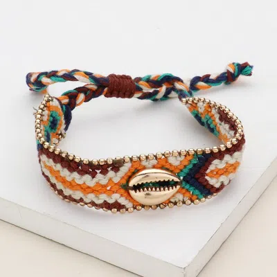 Fashnzfab Metal Puka Shell Pointed Aztec Pattern Threaded Adjustable Cinch Pull Tie Bracelet Multi, Orange In Multi