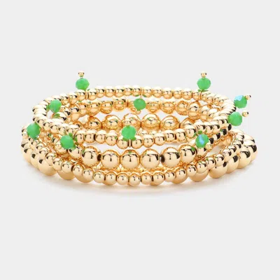 Fashnzfab 4pcs - Faceted Beads Station Metal Ball Stretch Multi Layered Bracelets Gold, Green In Multi