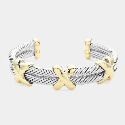 Fashnzfab 14k Gold Plated Two Tone Crisscross Pointed Double Twisted Metal Cuff Bracelet Two Tone In Multi