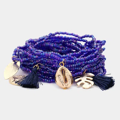 Fashnzfab 20pcs - Seed Beaded Tassel Shell Leaf Coin Charm Stretch Multi Layered Bracelets In Purple