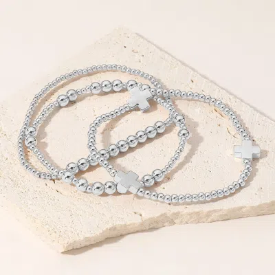 Fashnzfab 3pcs - Metal Cross Pointed Ball Beaded Stretch Multi Layered Bracelets In Multi