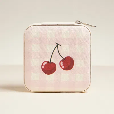 Fashnzfab Cherry And Checker Pattern Portable Square Jewelry Box In Pink