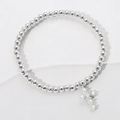 Fashnzfab Stainless Steel Ball Pearl Cross Charm Beaded Stretch Bracelet Clear, Silver In Multi