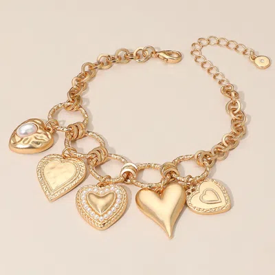 Fashnzfab Heart Charm Station Chunky Chain Bracelet Cream, Matte Gold In Multi