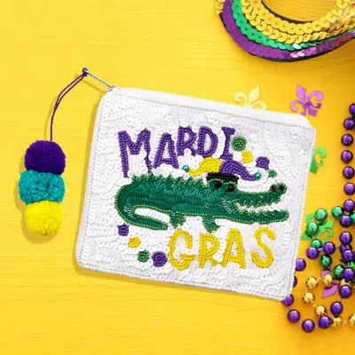 Fashnzfab Sequin Seed Beaded Mardi Gras Message Alligator Pom Pom Mini Pouch Bag In Multi