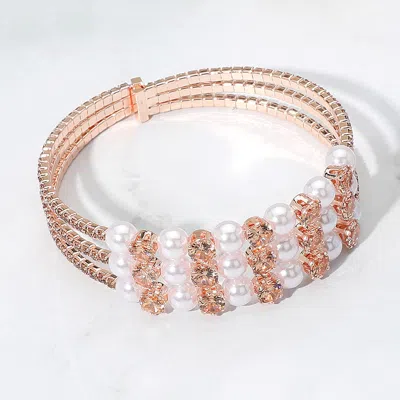 Fashnzfab Pearl Stone Bezel Point Rhinestone Paved Split Adjustable Evening Bracelet Peach In Pink