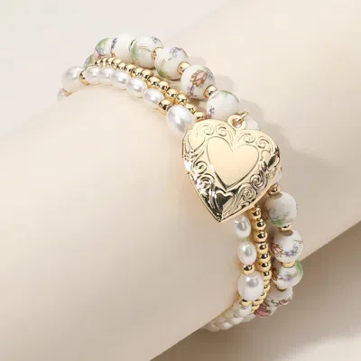 Fashnzfab 3pcs - Metal Heart Locket Charm Pearl Ceramic Metal Ball Beaded Stretch Multi Layered Bracelets Gold In Multi