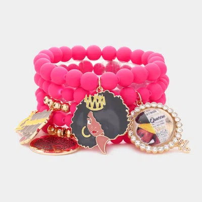 Fashnzfab 5pcs - Queen Message Afro Girl Charm Beaded Stretch Bracelets In Multi