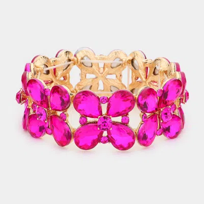 Fashnzfab Floral Teardrop Glass Crystal Stretch Evening Bracelet Fuchsia, Gold In Multi