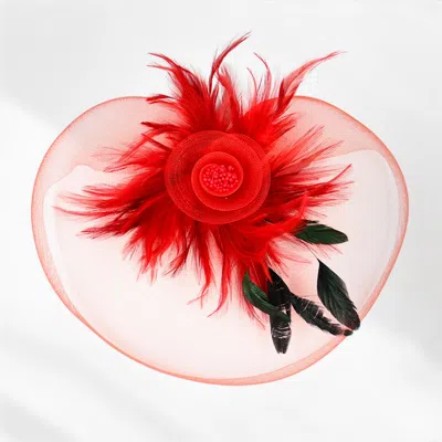 Fashnzfab Feather Pearl Cluster Mesh Flower Fascinator / Headband In Red