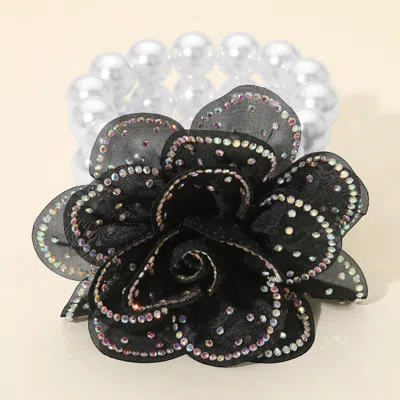 Fashnzfab Bling Studded Fabric Flower Statement Faux Pearl Beaded Stretch Bracelet Ab, Black, White In Multi