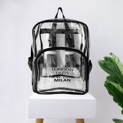 Fashnzfab London Paris New York Milan City Name Printed Transparent Backpack Bag In Black