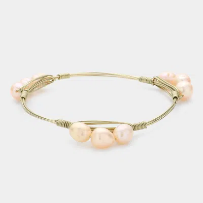 Fashnzfab Pearl Flexi-wire Bracelet Gold, Peach In Multi