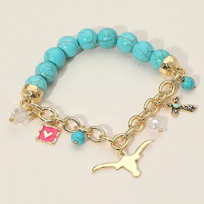 Fashnzfab Secret Box_western Steer Head Cross Heart Pearl Charm Beaded Stretch Bracelet Gold In Gold