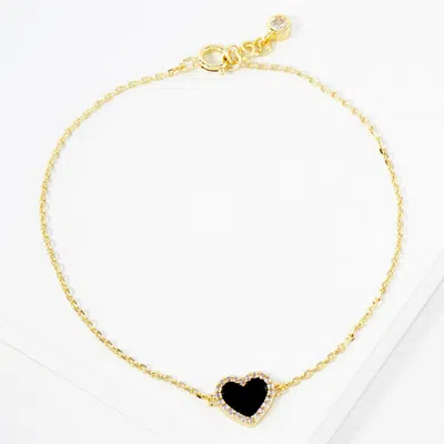 Fashnzfab Gold Dipped Cz Stone Paved Rim Heart Charm Pointed Bracelet Black, Gold In Multi