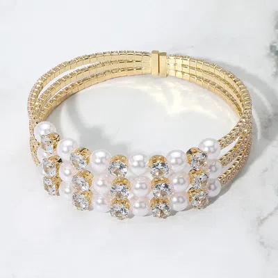 Fashnzfab Pearl Stone Bezel Point Rhinestone Paved Split Adjustable Evening Bracelet Clear, Gold In Multi