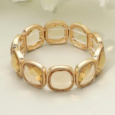 Fashnzfab Round Square Faceted Gemstone Frame Beaded Stretch Bracelet Brown, Light, Worn Gold In Multi