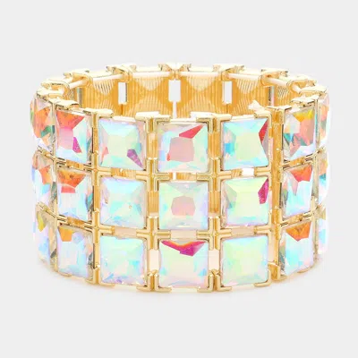 Fashnzfab 3rows Square Stone Stretch Evening Bracelet Ab, Gold In Multi