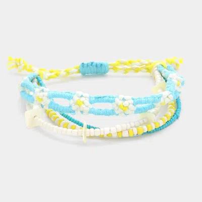 Fashnzfab Flower Threaded Shell Piece Pointed Beaded Adjustable Cinch Pull Tie Bracelet Blue In Blue