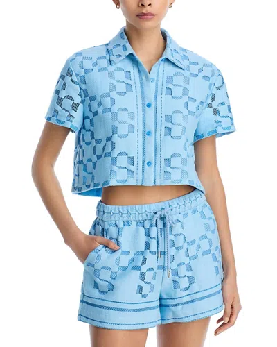 Simkhai Makaia Cropped Button Down Shirt In Azure Sky Multi In Blue