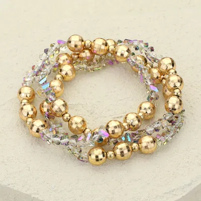 Fashnzfab 3pcs - Metal Ball Faceted Beaded Stretch Multi Layered Bracelets Ab, Gold In Multi