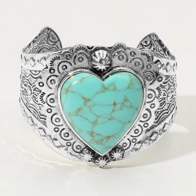 Fashnzfab Vintage Bold Western Heart Cuff Bracelet Silver Burnished, Turquoise In Multi
