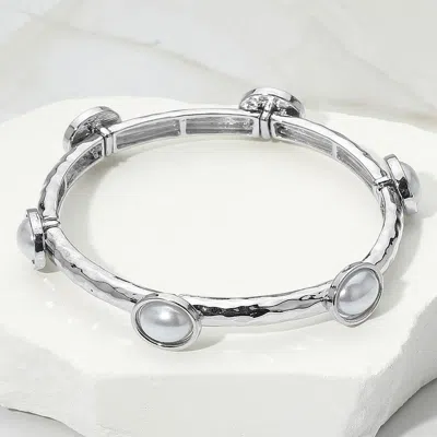 Fashnzfab Oval Stone Cluster Pointed Stretch Bracelet Rhodium, White In Multi