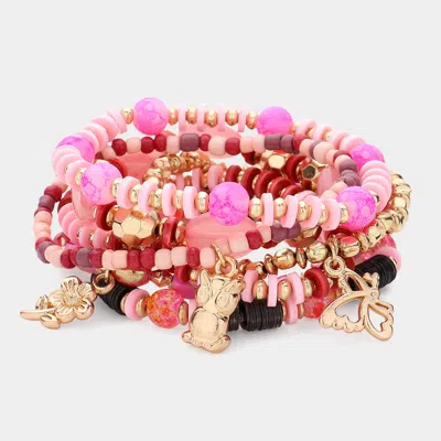 Fashnzfab 7pcs - Metal Flower Angel Dolphin Owl Charm Faceted Beaded Stretch Multi Layered Bracelets In Pink