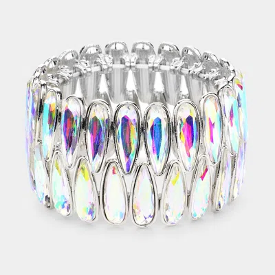 Fashnzfab 2rows Elongated Teardrop Stone Cluster Stretch Evening Bracelet Ab, Silver In Multi