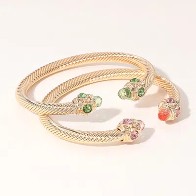 Fashnzfab 2pcs - Stone Tip Twisted Cuff Bracelet Gold, Green, Pink, Pink & Green In Multi