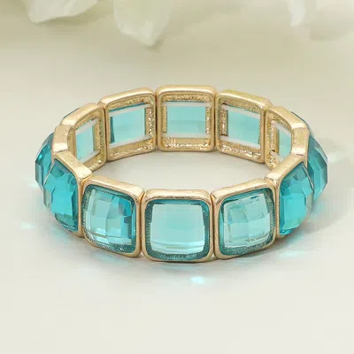 Fashnzfab Square Faceted Gemstone Frame Beaded Stretch Bracelet Teal, Worn Gold In Multi