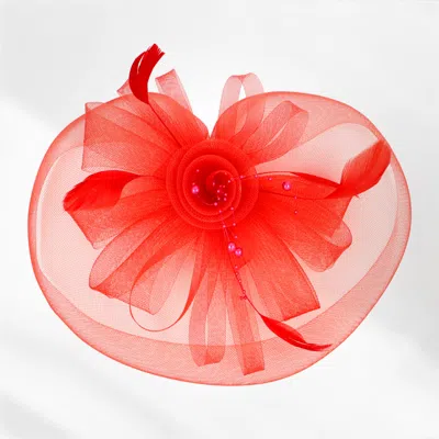 Fashnzfab Pearl Feather Mesh Flower Fascinator / Headband In Red