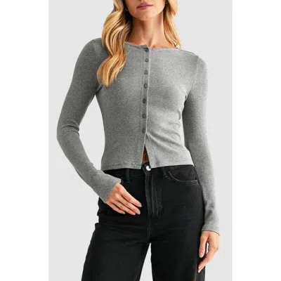 Lush Long Sleeve Button Front Crop Top In Gray