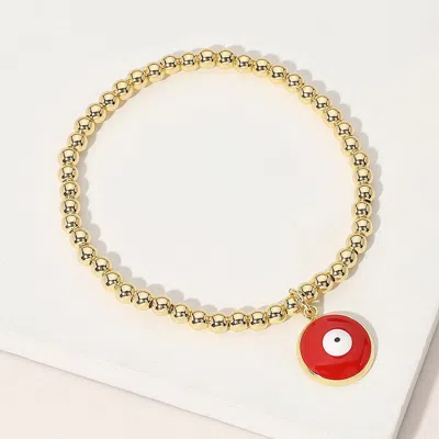 Fashnzfab Stainless Steel Ball Evil Eye Charm Beaded Stretch Bracelet Gold, Red In Multi