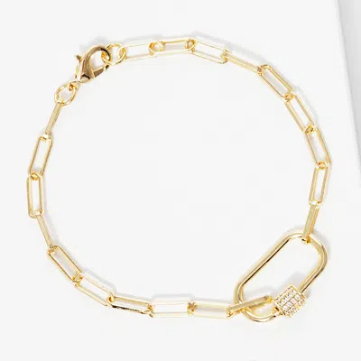 Fashnzfab Gold Dipped Cz Stone Paved Carabiner Pointed Paperclip Chain Bracelet Clear, Gold In Multi