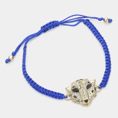 Fashnzfab Stone Paved Leopard Panther Head Pointed Thread Adjustable Cinch Pull Tie Bracelet Royal Blue In Blue
