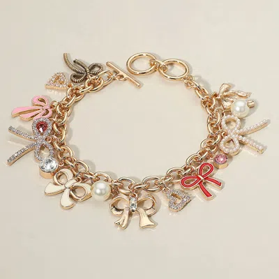 Fashnzfab Enamel Bow Pearl Stone Paved Heart Stone Bezel Charm Embellished Toggle Bracelet Gold, Multi In Multi