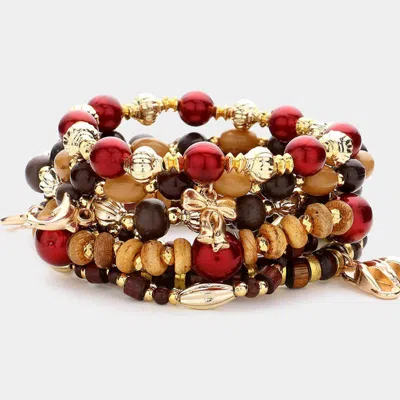 Fashnzfab 7pcs - Metal Flip Flop Angel Heart Dolphin Charm Pointed Various Beads Beaded Stretch Multi Layered  In Brown