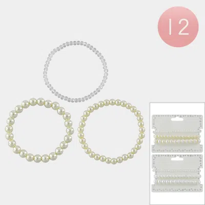 Fashnzfab 12 Set Of 3 - Pearl Stretch Multi Layered Bracelets Cream, White In Multi